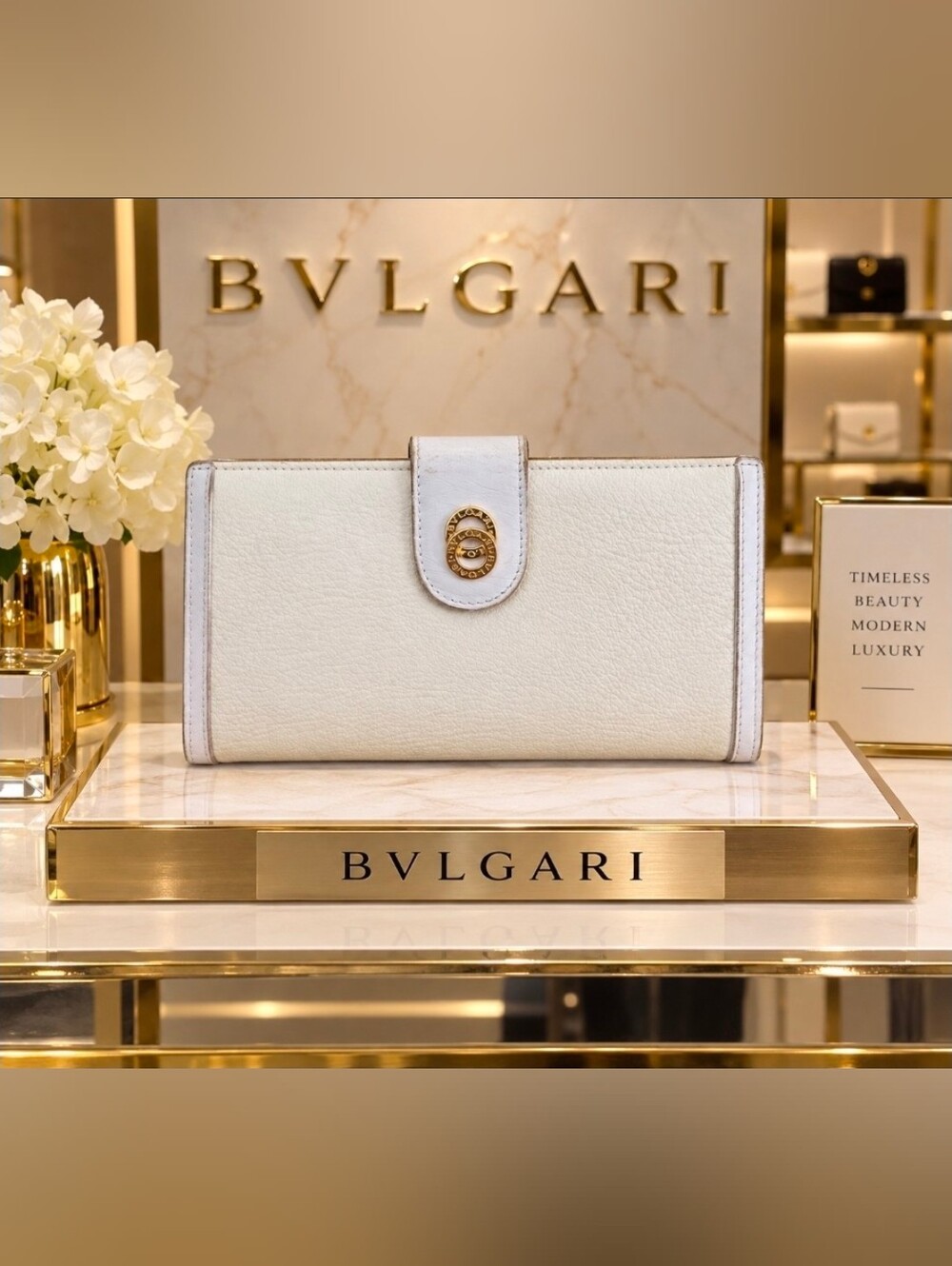 Bulgari White Leather Wallet with Gold-Tone Logo